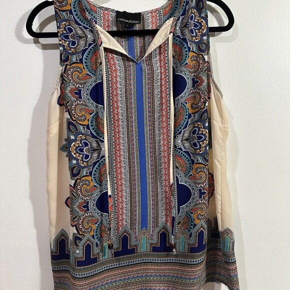CYNTHIA ROWLEY Women Multi Print Chiffon Keyhole Tie at Neck Sleeveless Tunic L - Picture 2 of 7